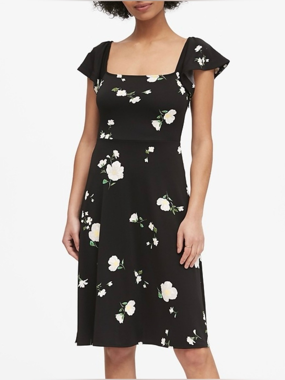 BANANA REPUBLIC 🌷 WOMEN’S PRINT SQUARE-NECK MIDI DRESS BLACK/FLORAL SMALL PETITE